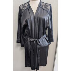 Womens In Bloom By Jonquil Sexy Satin Lace Inset Trim Robe Short Black Size XS